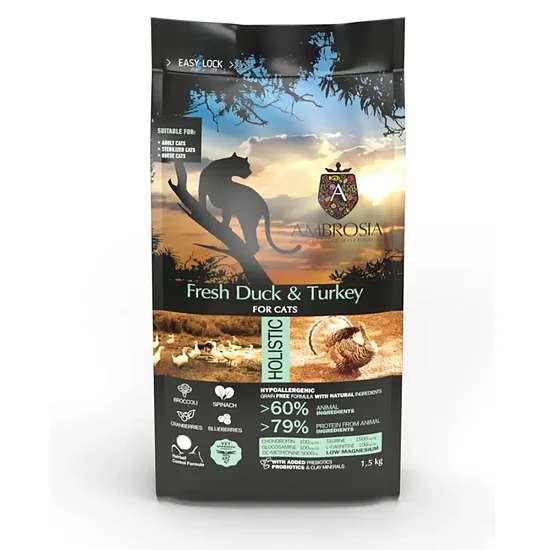 Ambrosia Grain-Free Fresh Duck & Turkey - Senior, Light, Sterilized Cat 5kg