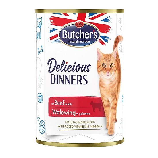 Butchers CAT Delicious Dinners with beef chunks in Jelly 400g - konservi ar liellopa gaļu želejā pieaugušiem kaķiem
