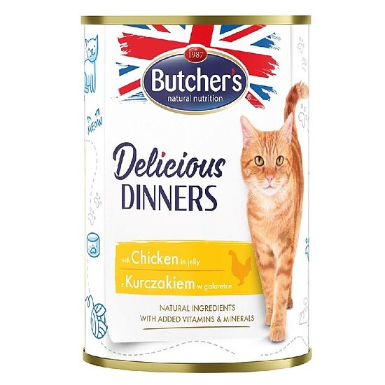 Butchers CAT Delicious Dinners with chicken chunks in Jelly 400 g - konservi ar vistas gaļu gabaliņiem želejā pieaugušiem kaķiem
