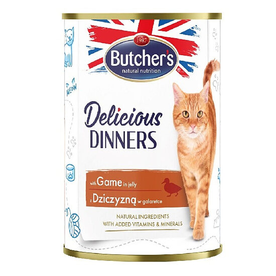  Butchers CAT Delicious Dinners with game chunks in Jelly 400g - konservi ar medījuma gaļas gabaliņiem želejā pieaugušiem kaķiem