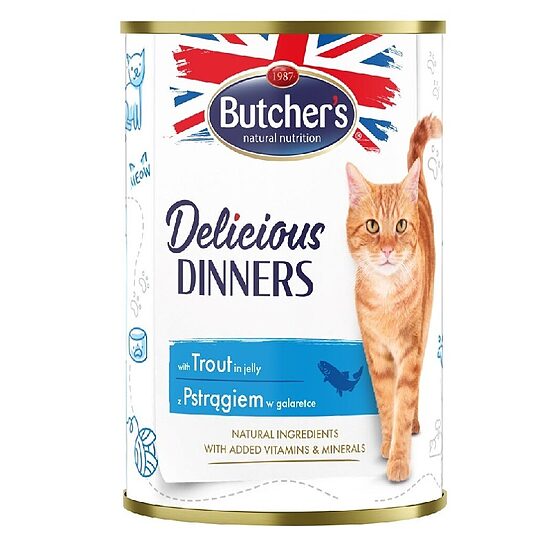  Butchers CAT Delicious Dinners with trout chunks in Jelly 400g - konservi ar foreles gaļas gabaliņiem želejā pieaugušiem kaķiem