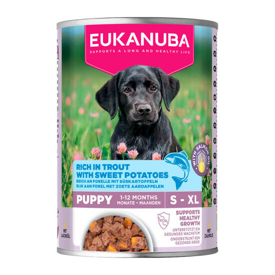 EUKANUBA wet food for puppies, rich in trout with sweet potatoes 400g - konservi kucēniem