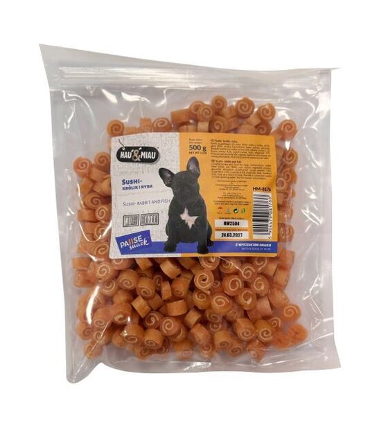 HAU & MIAU sushi - rabbit and fish, 500 g — papildbarība pieaugušiem suņiem, suši ar truša gaļu un zivīm.