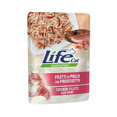 LIFE CAT Natural Pouch CHICKEN FILLETS WITH HAM 70G (vistas fileja ar šķiņķi želejā)