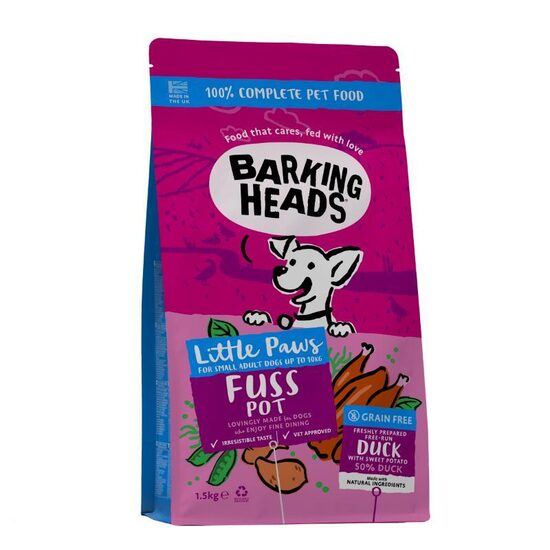BARKING HEADS Paws Fuss Pot Small  1.5kg - pilnvērtīga barība mazo šķirņu pieaugušiem suņiem ar pīli