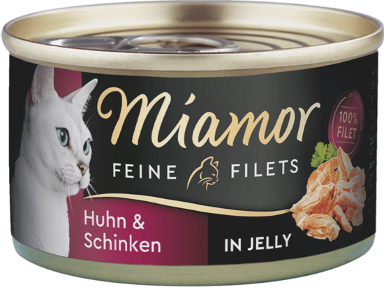 MIAMOR Feine Fillets Huhn&Hamm in Jelly 100g  - konservi kaķiem ar vistu un šķiņki