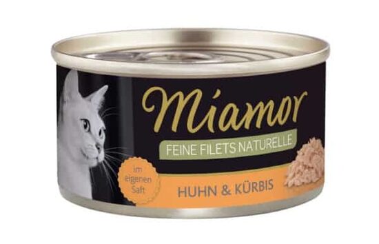 MIAMOR Feine Fillets Naturelle Huhn&Kirbis 80g - konservi kaķiem (vistas filejas gabaliņi ar ķirbi savā sulā)
