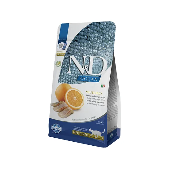 N&D CAT OCEAN HERRING ORANGE NEUTERED 5kg - sausā barība pieaugušiem sterilizētiem kaķiem (Siļķes un apelsīni)
