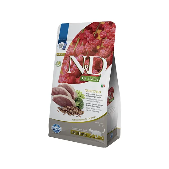 N&D CAT QUINOA DUCK BROCCOLI ASPARAGUS NEUTERED 5 kg - sausā barība pieaugušiem sterilizētiem kaķiem (pīle, kvinoja, brokoļi un sparģeļi)