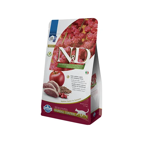 N&D CAT QUINOA DUCK HAIRBALL 1,5 kg - sausā barība kaķiem apmatojuma kamolu izvadīšanai (pīle, kvinoja, āboli un dzērvenes)