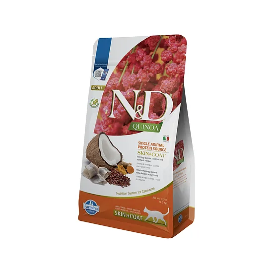 N&D CAT QUINOA HERRING SKIN & COAT 1,5kg - diētiska barība kaķiem barības vielu nepanesības mazināšanai.(siļķes, kvinoja, kokosrieksti un kurkuma)