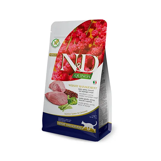 N&D CAT QUINOA LAMB BROCCOLI WEIGHT MANAGEMENT 1,5kg - diētiskā barība pieaugušiem kaķiem (jērs, kvinoja, brokoļi un sparģeļi)