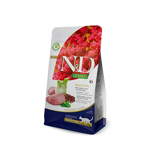 N&D CAT QUINOA LAMB FENNEL DIGESTION 1,5kg - diētiska barība kaķiem gremošanas traucējumu kompensēšanai un eksokrīnas aizkuņģa dziedzera nepietiekamības gadījumos (jērs, kvinoja, fenhelis un piparmētra)