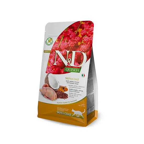 N&D CAT QUINOA QUAIL SKIN & COAT 5 kg - diētiska kompleksā barība kaķiem barības vielu nepanesības mazināšanai (paipala, kvinoja, kokosrieksti un kurkuma)