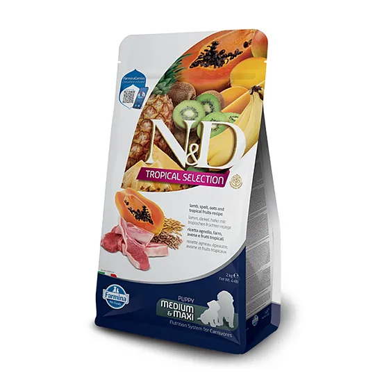 N&D DOG TROPICAL SELECTION LAMB PUPPY MEDIUM MAXI 10kg - sausā barība ar zemu graudaugu saturu vidējo un lielo šķirņu kucēniem un laktējošām vai grūsnām kucēm