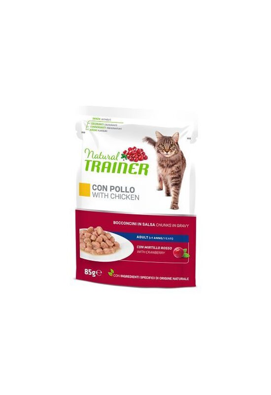 NATURAL TRAINER CAT CHICKEN 85G - konservi pieaugušiem kaķiem (gabaliņi želējā ar vistas gaļu un dzērveņu lapu ekstraktu)