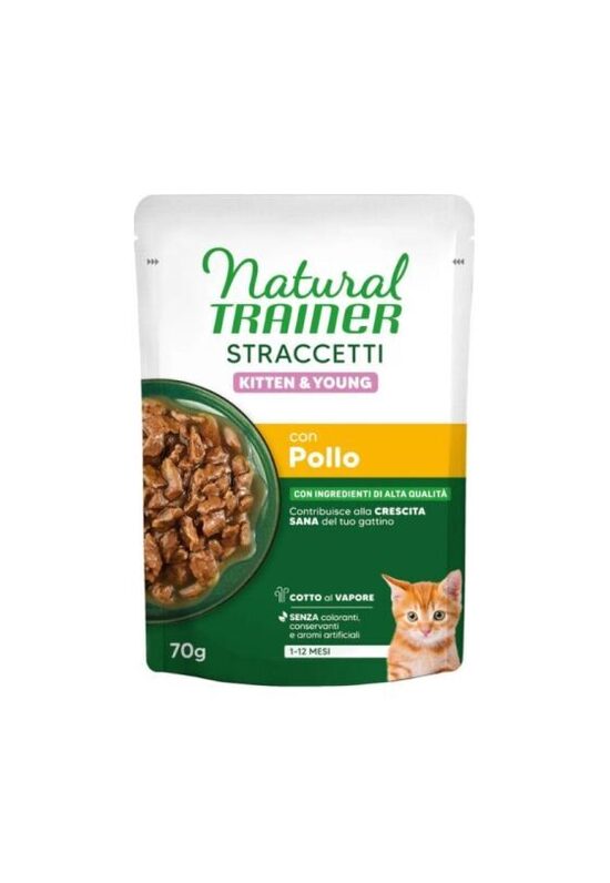 NATURAL TRAINER STRACCETTI KITTEN CHICKEN 70 G - mitrā barība kaķēniem vecumā no 1 līdz 12 mēnešiem, vistas gaļas gabaliņi mercē