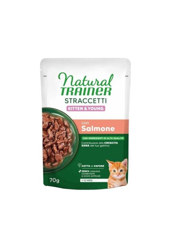 NATURAL TRAINER STRACCETTI KITTEN SALMON 70 G - konservi kaķēniem no 1 līdz 12 mēnešiem, ar lasi