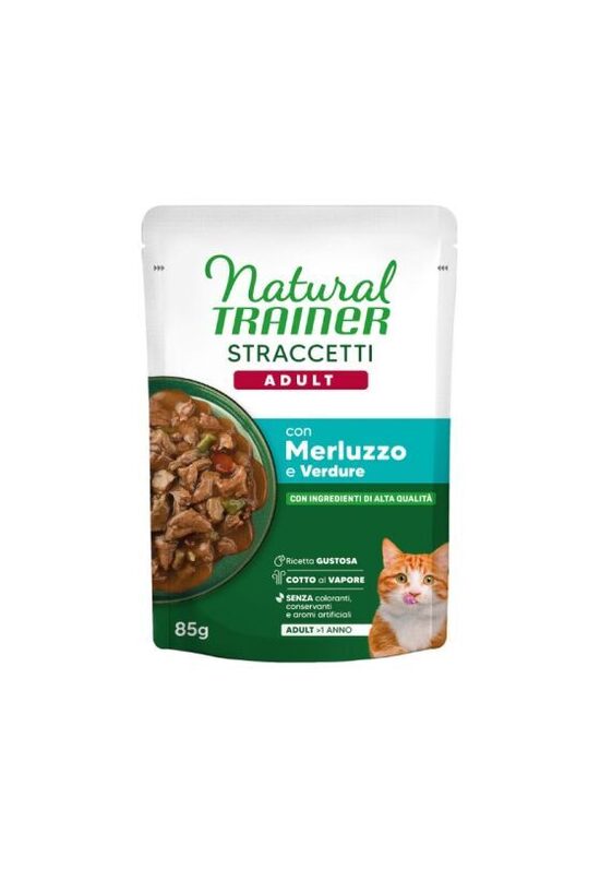 NATURAL TRAINER WET CAT ADULT COODFISH 85 G - mitrā barība pieaugušiem kaķiem, mencas un gaļas gabaliņi mercē