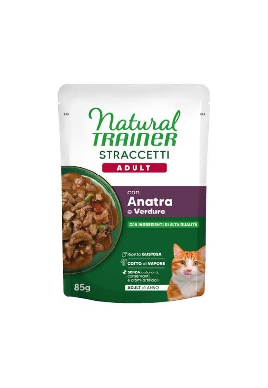 NATURAL TRAINER WET CAT ADULT DUCK 85 G - mitrā barība pieaugušiem kaķiem, pīles gaļas gabaliņi mercē
