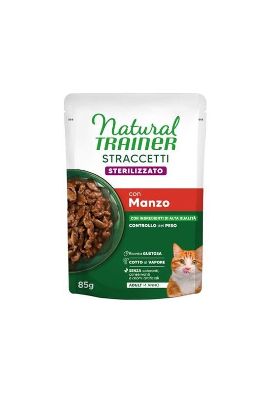 NATURAL TRAINER WET CAT STRACCETTI STERILIZED BEEF 85 G - mitrā barība pieaugušiem sterilizētiem kaķiem, liellopu gaļas gabaliņi mercē
