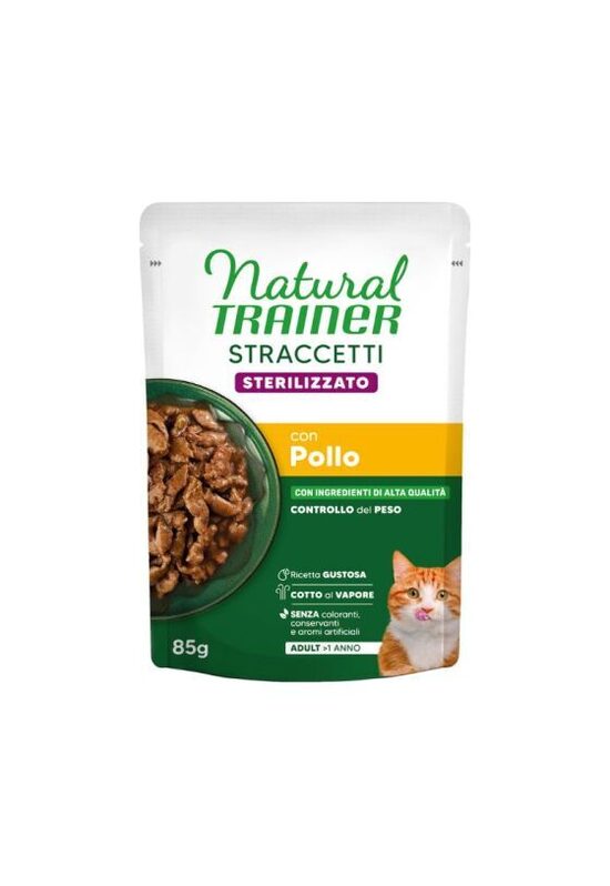 NATURAL TRAINER WET CAT STRACCETTI STERILIZED CHICKEN 85 G - mitrā barība pieaugušiem sterilizētiem kaķiem, vistas gaļas gabaliņi mercē