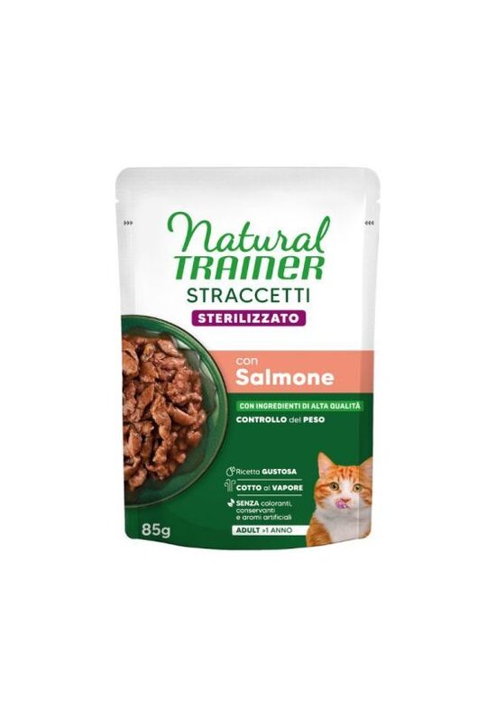 NATURAL TRAINER WET CAT STRACCETTI STERILIZED SALMON 85 G - mitrā barība pieaugušiem sterilizētiem kaķiem, gabaliņi ar lasi mercē