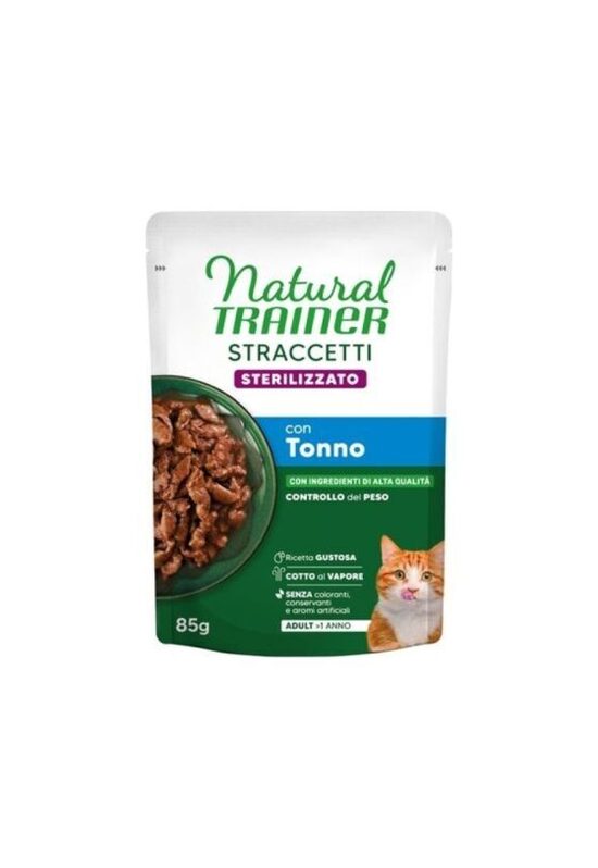 NATURAL TRAINER WET CAT STRACCETTI STERILIZED TUNA 85 G - mitrā barība pieaugušiem sterilizētiem kaķiem, gabaliņi ar tunci mercē