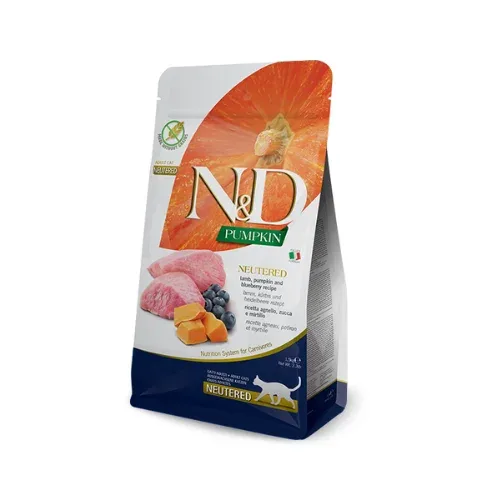 N&D CAT PUMPKIN LAMB BLUEBERRY NEUTERED 1,5 kg - sausā barība pieaugušiem sterilizētiem kaķiem (jērs, ķirbis, mellenes)