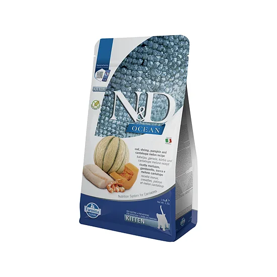 N&D CAT OCEAN CODFISH SHRIMP PUMPKIN CANTALOUPE MELON KITTEN 5kg - sausā barība kaķēniem un grūsnām vai laktējošām kaķenēm