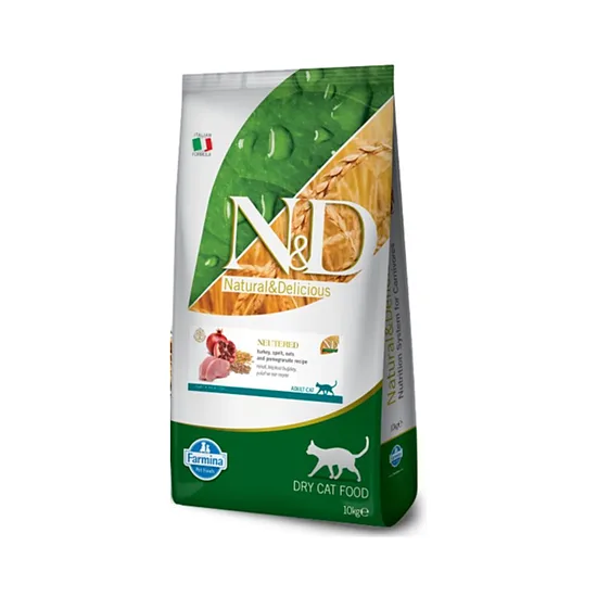 N&D CAT ANCESTRAL GRAIN TURKEY POMEGRANATE NEUTERED 10kg - sausā barība ar zemu graudaugu saturu sterilizētiem kaķiem (tītars, speltas kvieši, auzas un granātābols)