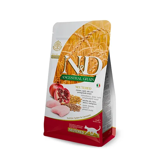 N&D CAT ANCESTRAL GRAIN CHICKEN POMEGRANATE ADULT NEUTERED 1,5kg - sausā  barība pieaugušiem kaķiem (vista, speltas kvieši, auzas un granātāboli)
