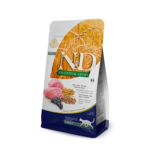 N&D CAT ANCESTRAL GRAIN LAMB BLUEBERRY 5kg - sausā barība pieaugušiem kaķiem (jērs, speltas kvieši, auzas un mellenes)