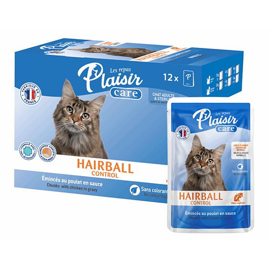Plaisir Cat Care Hairball Control, 12x85g - LIELPAKA - gaļas gabaliņi mērcē spalvas kamolu kontrolei