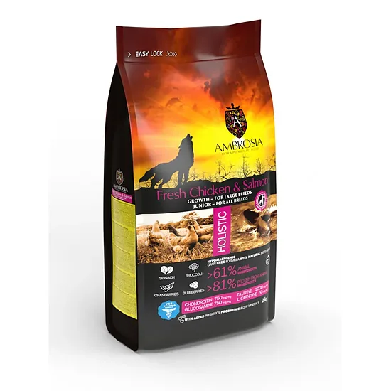 Ambrosia Grain Free Growth for Large Breeds Puppy and Junior Fresh Chicken & Salmon 2kg - bezgraudu holistiskā barība lielo šķirņu kucēniem