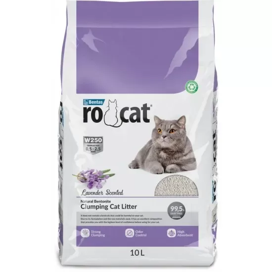 RoCat Lavander 10L - cementējošās smiltis kaķu tualetei ar lavandas smaržu