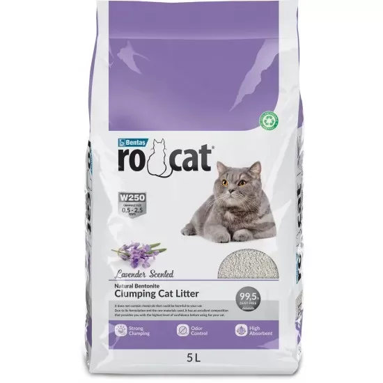 RoCat Lavander 5L - cementējošās smiltis kaķu tualetei ar lavandas smaržu