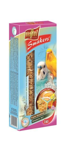 Vitapol STANDARD Smakers 3in1(egg/honey/fruit) for budgie 3pcs 130g - nūjiņas ar medu/ ar olu/ ar augļiem 3in1 viļņainajiem papagaiļiem