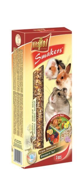 Vitapol STANDARD Smakers 3in1 for rodens and rabbit 3pcs 135g -  nūjiņas 3in1 ar meža ogām, riekstiem, popkornu.