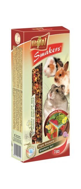 Vitapol STANDARD Smakers 3in1 for rodents and rabbit 3pcs 135g - nūjiņas 3x1 ar augļiem,dārzeņiem un ceratoniju augļiem