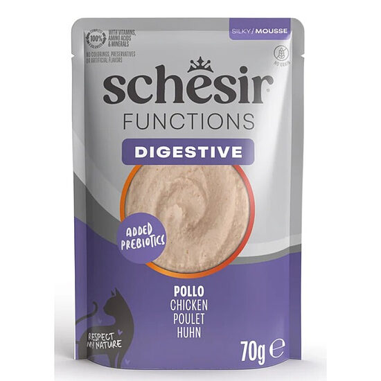 Schesir Cat Functions Mousse Digestive Chicken, 70g - pilnvērtīgā barība - uzputenis kaķiem ar jutīgu gremošanu