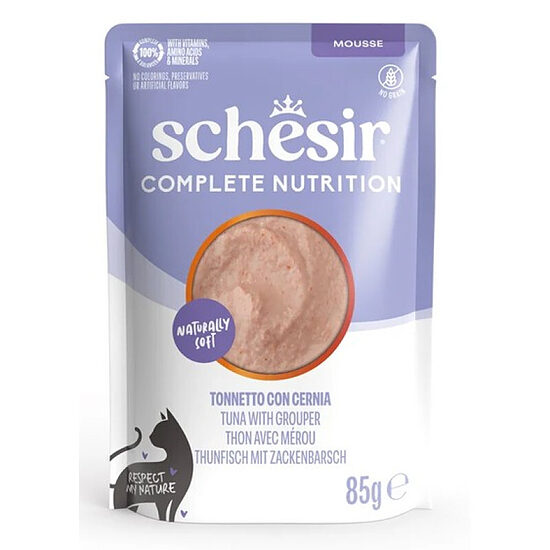 Schesir Cat Tuna with Grouper In Mousse, 85g - pilnvērtīgā barība - tunča un grupera uzputenis