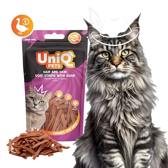 UNIQ PETS CAT SNACKS MIMI hair and skin care soft strips with duck 50g - gardums kaķiem skaistai ādai un spalvai,  mīkstās strēmelītes ar pīles gaļu un 
