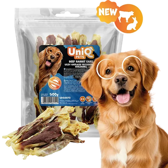 UNIQ PETS DOG SNACKS MEATY beef rabbit ears 500g - gardums suņiem, trušu ausis pildītas ar liellopu gaļu
