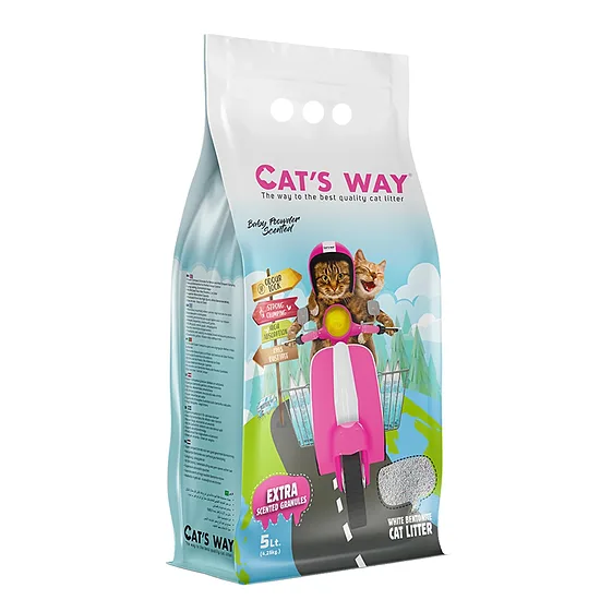Cats Way White Cat Litter Baby Powder 5l - cementējošās smiltis ar maigu bērnu pūdera aromātu