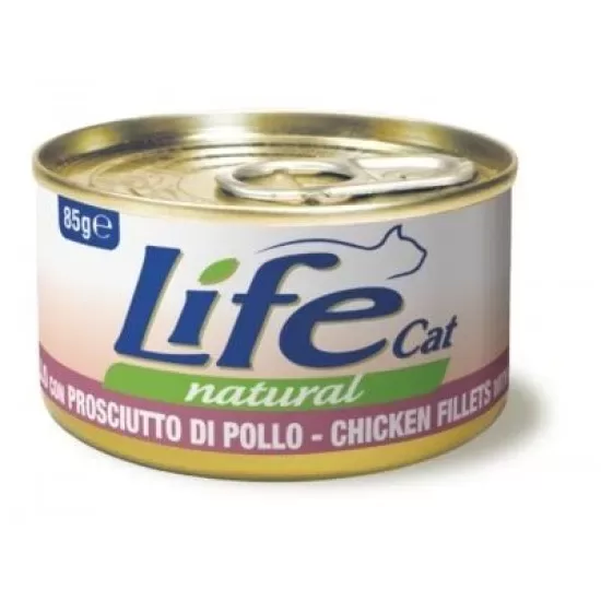 LIFE CAT Natural Chicken Fillets with Chicken Ham 85g (ar vistu un vistas šķiņķi)