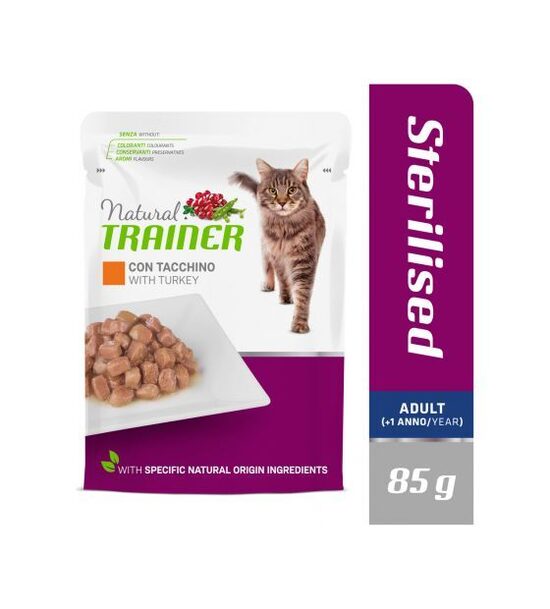 NATURAL TRAINER CAT STERILISED TURKEY 85g - KONSERVI AR TĪTARA GAĻU PIEAUGUŠIEM STERILIZĒTIEM KAĶIEM