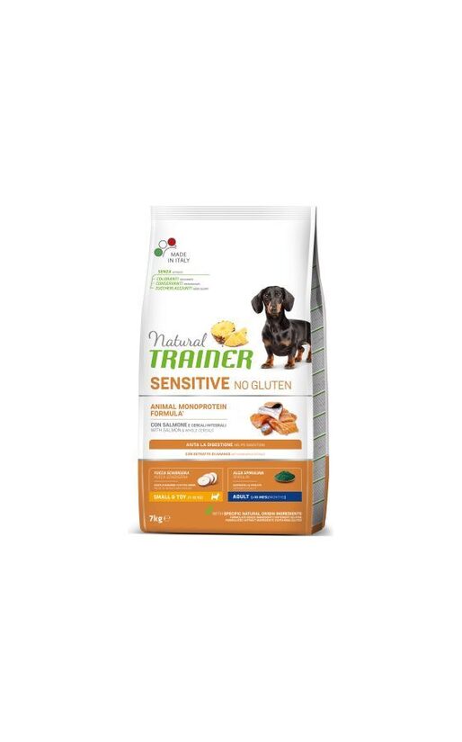 NATURAL TRAINER SENSITIVE NO GLUTEN ADULT MINI SALMON 7 KG - BEZGLUTĒNA SAUSĀ BARĪBA AR LASI MAZO ŠĶIRŅU JUTĪGIEM PIEAUGUŠIEM SUŅIEM