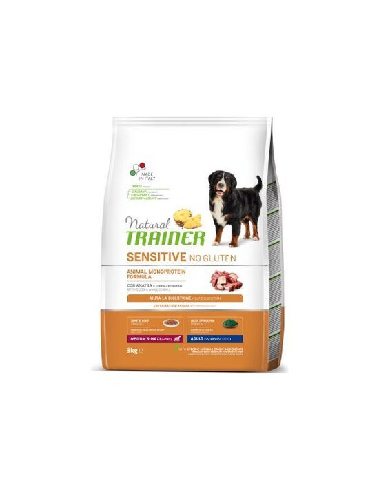 NATURAL TRAINER DOG SENSITIVE NO GLUTEN ADULT DUCK 3KG - BEZGLUTĒNA AR PĪLES GAĻU JUTĪGIEM PIEAUGUŠIEM VIDĒJO UN LIELO ŠĶIRŅU SUŅIEM