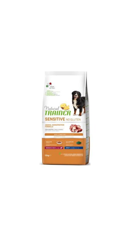 NATURAL TRAINER DOG SENSITIVE NO GLUTEN ADULT DUCK 12KG - BEZGLUTĒNA AR PĪLES GAĻU JUTĪGIEM PIEAUGUŠIEM VIDĒJO UN LIELO ŠĶIRŅU SUŅIEM